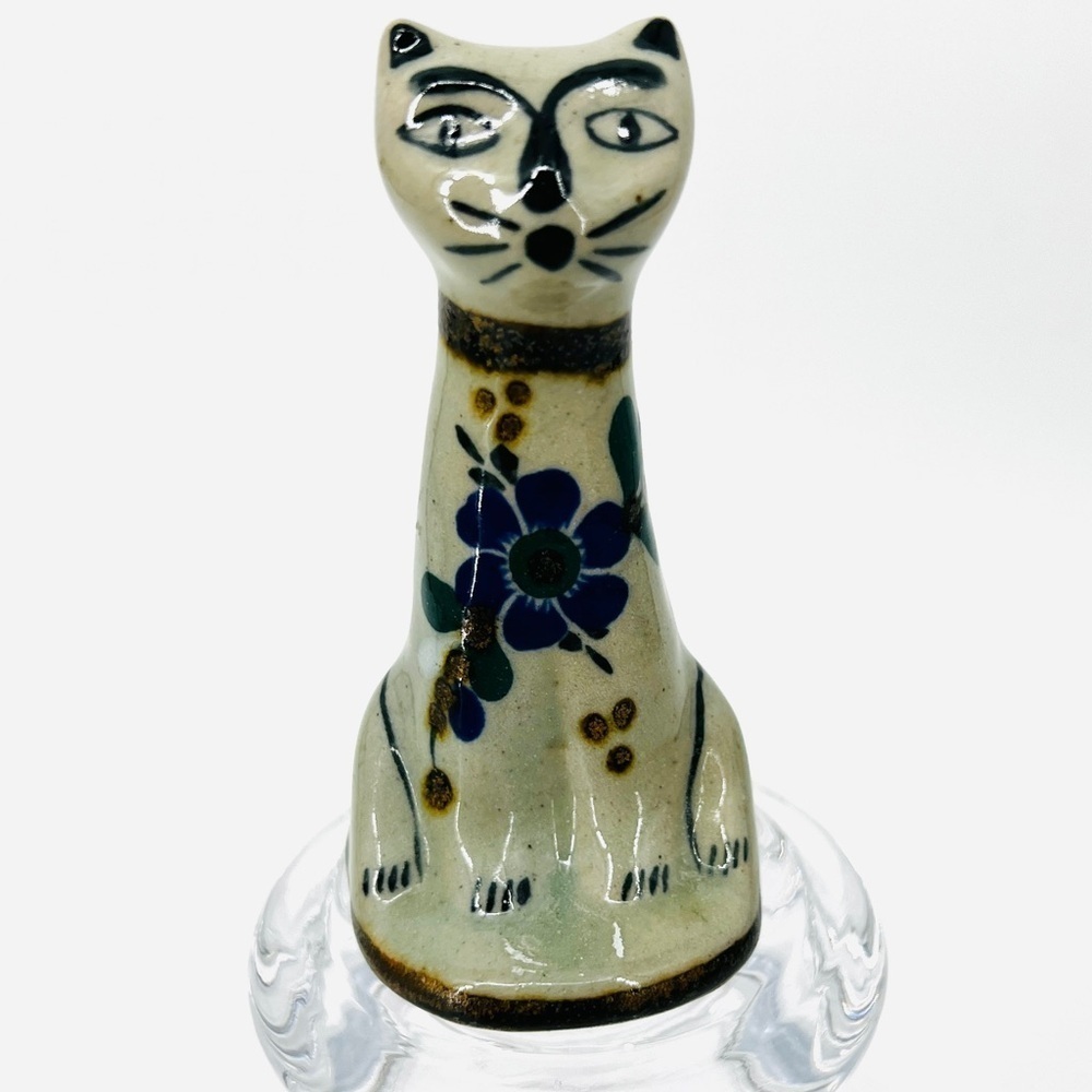 Vintage Cocotzin Tonala Mexico Pottery Cat Figurine Signed Hand Painted 5" MCM